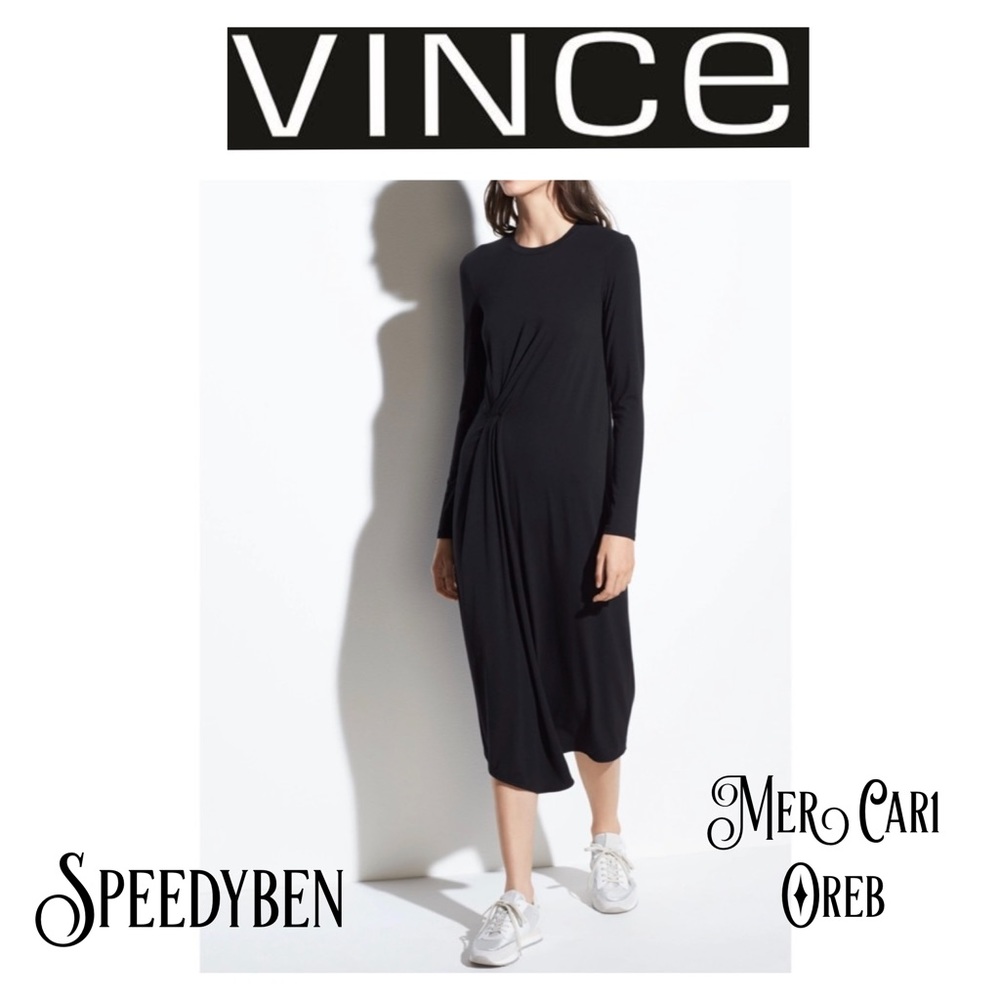 Vince Side Drape Black Midi Dress